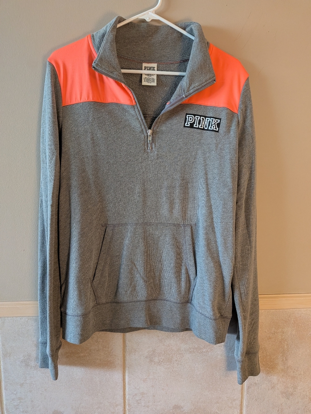 VS PINK, Cotton Quarter Zip Pullover, Grey/Orange, Size M